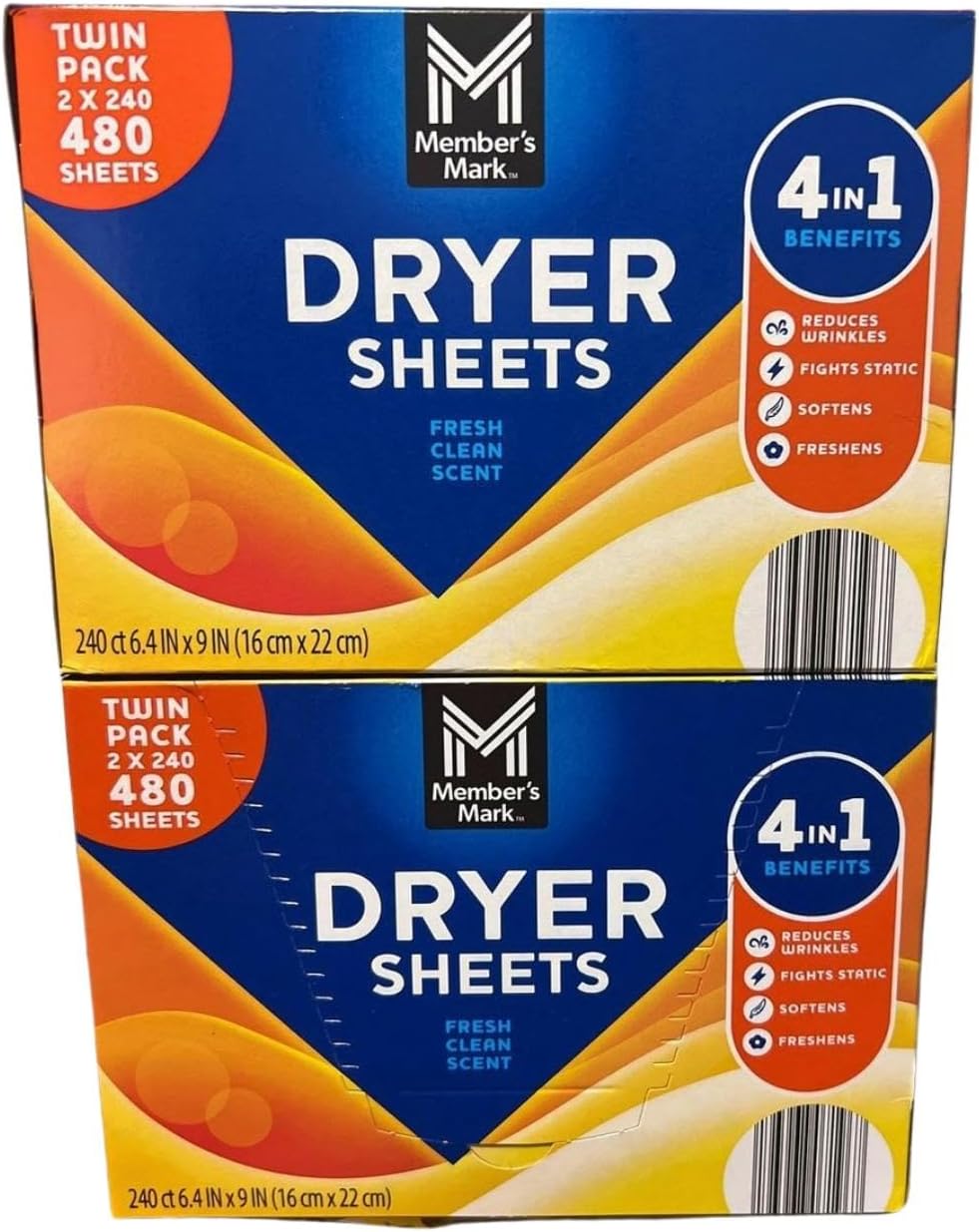 Dryer Sheets, Fresh Clean Scent, Twin Pack, 480 Sheets Total, 4-in-1 Reduces Wrinkles, Fights Static, Softens, Freshens