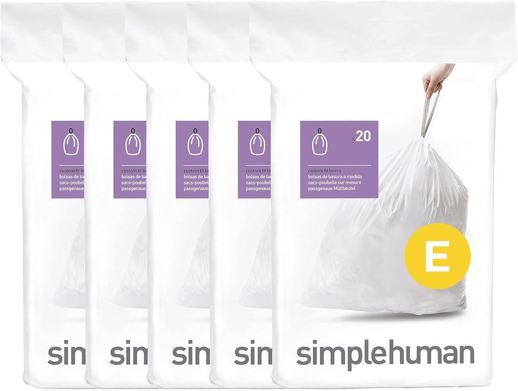 simplehuman Code E 100 Count, Dispenser Pack Custom Fit Liners, Drawstring Trash Bags, 20 Liter / 5.3 Gallon, White