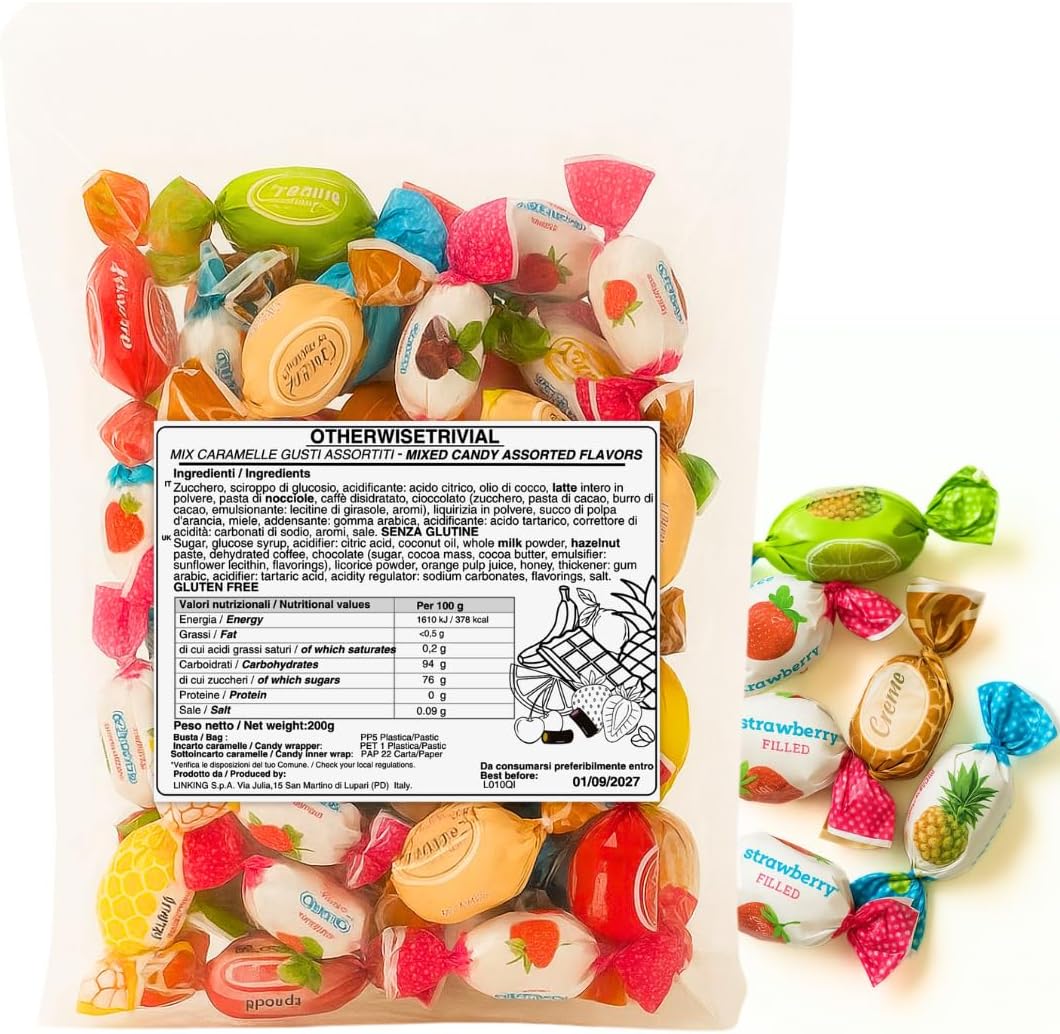 Happy Mix Assorted Loose Candies in Hard, Filled, Toffee, Cream, Fruit-Flavored, Fizzy Tastes and Sizes, Made in Italy 200 Gr