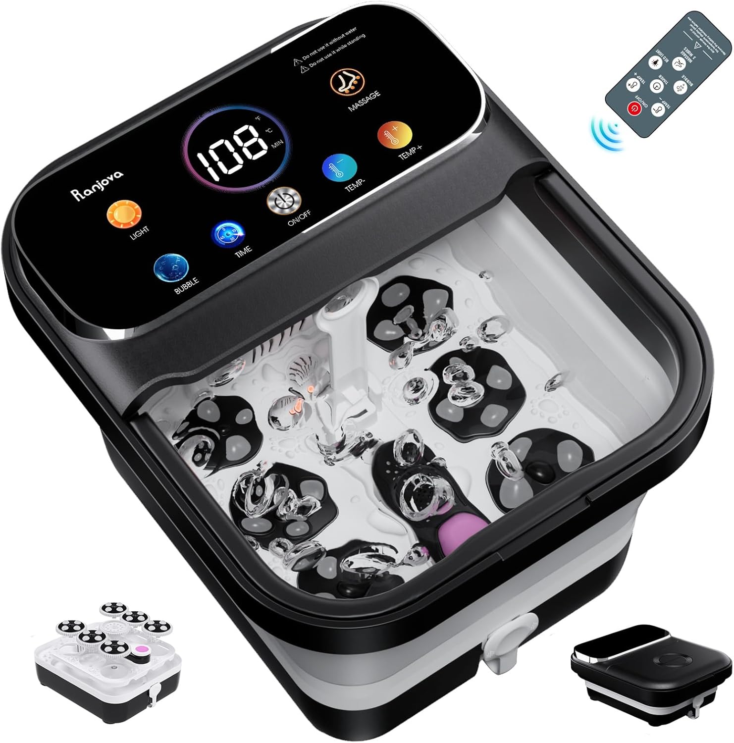 Foot Spa Electric Rotary Massage, with Touchscreen Pro Color Display, Collapsible Foot Bath with Heat, Bubble,Remote Control, Adjustable Temp Control, and 24 Motorized Shiatsu Massage Balls (Black)