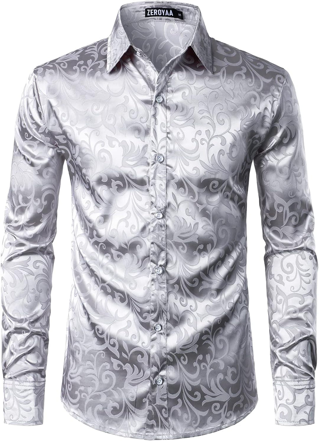 ZEROYAA Men's Luxury Jacquard Long Sleeve Dress Shirt Shiny Satin Slik Like Wedding Party Prom Shirts