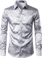 ZEROYAA Men's Luxury Jacquard Long Sleeve Dress Shirt Shiny Satin Slik Like Wedding Party Prom Shirts