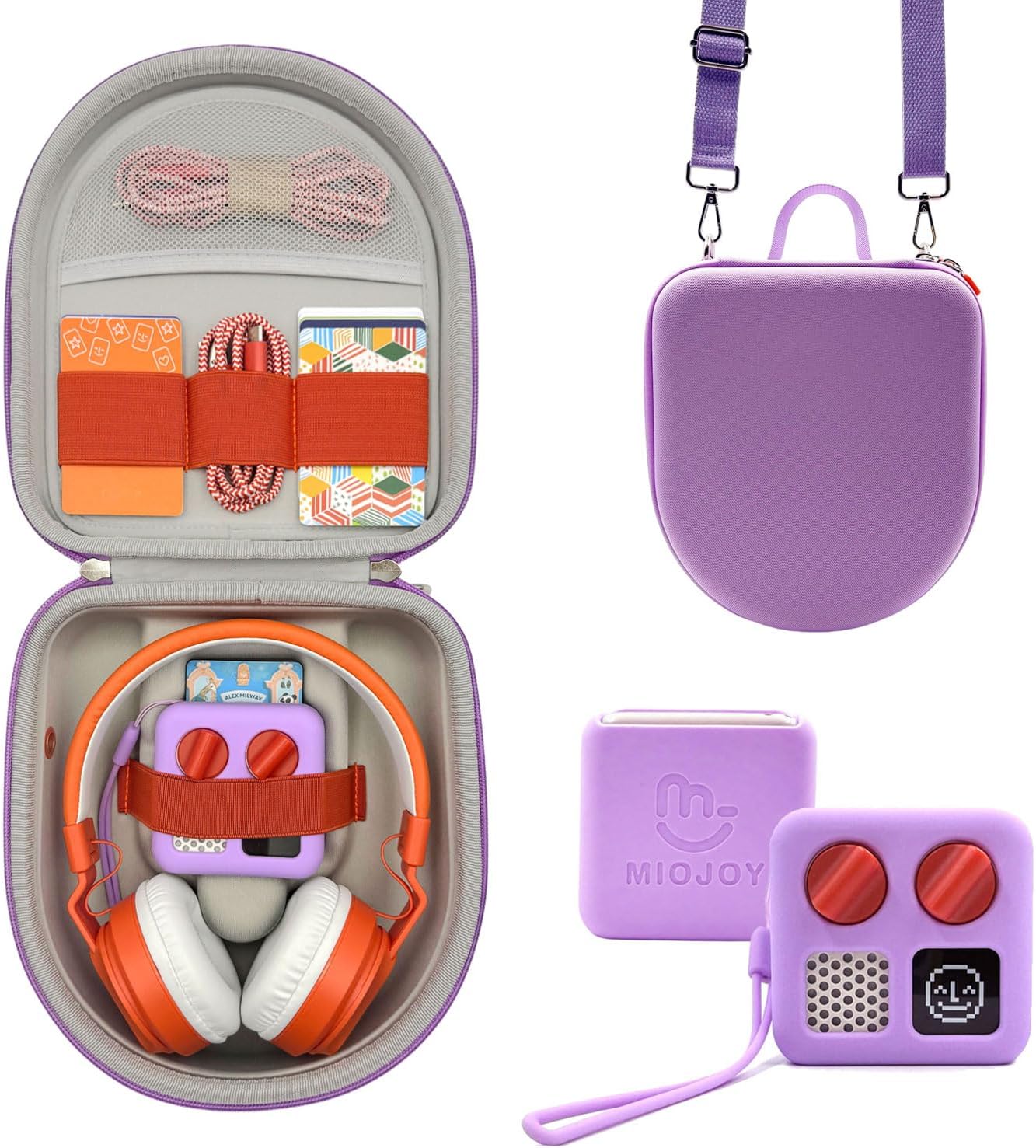 Silicone Cover and Travel Case Compatible with Yoto Mini with Headphones, Hard Carrying Case with Shoulder Strap and Adventure Jacket Accessories Set for Yoto Mini, Lavender