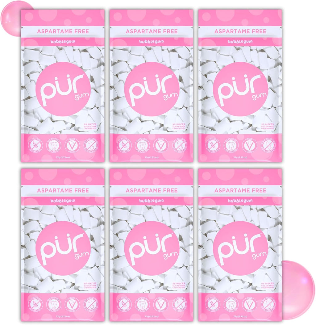PUR Gum | Aspartame Free Chewing Gum | 100% Xylitol | Natural Bubblegum Flavored Gum, 55 Pieces (Pack of 6)