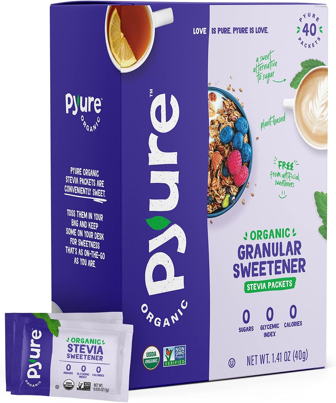 Pyure Organic Stevia Packets | Zero Calorie Sweetener for Coffee, and Baking | Granulated Stevia Sugar Substitute | Plant-Based, Keto, Diabetic & Paleo Friendly | USDA Organic, Non-GMO | 40 Packets