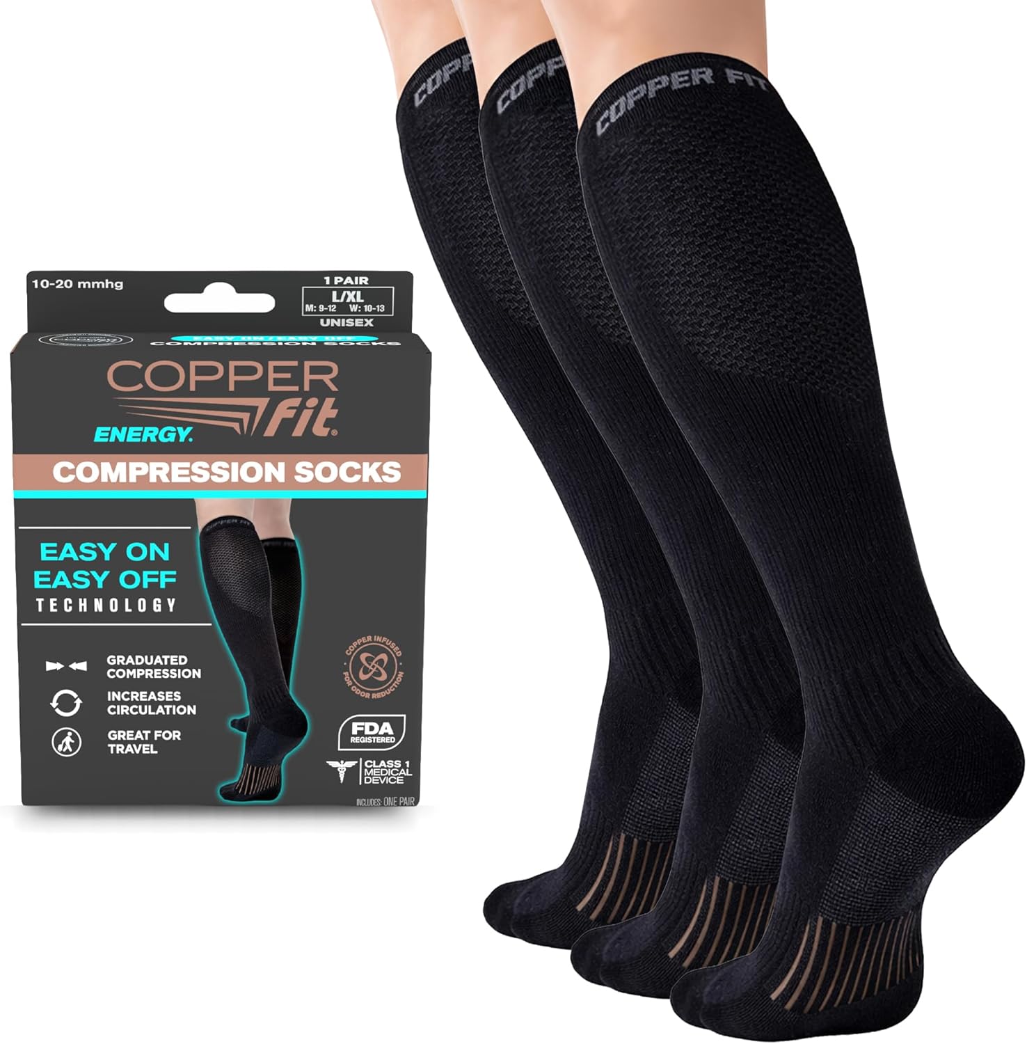 Copper Fit® Energy Compression Socks (3 Pack) | Easy On, Off | Circulation & Swelling Relief | Ideal for Travel, Nurses, Running, & Recovery | Men & Women
