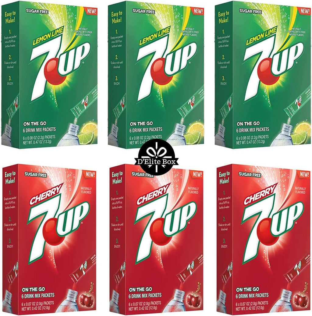 7UP Powdered Drink Mix 6 Boxes of 6 packets with 3 Boxes each of Lemon-Lime and Cherry flavor for Total 36 Sticks bundle packaged by D'Elite Box