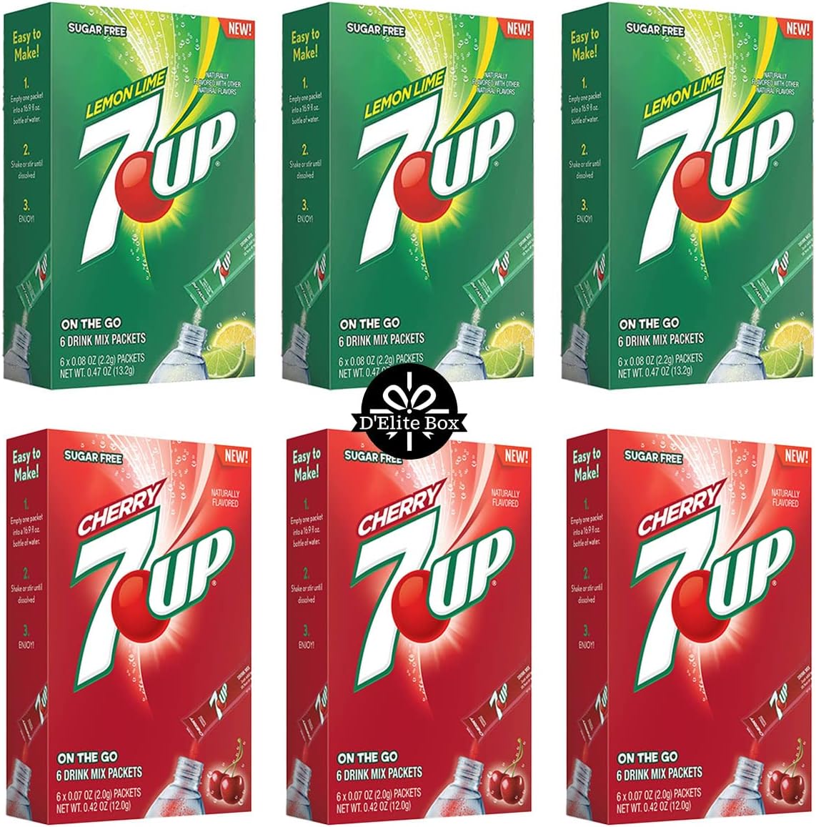7UP Powdered Drink Mix 6 Boxes of 6 packets with 3 Boxes each of Lemon-Lime and Cherry flavor for Total 36 Sticks bundle packaged by D'Elite Box