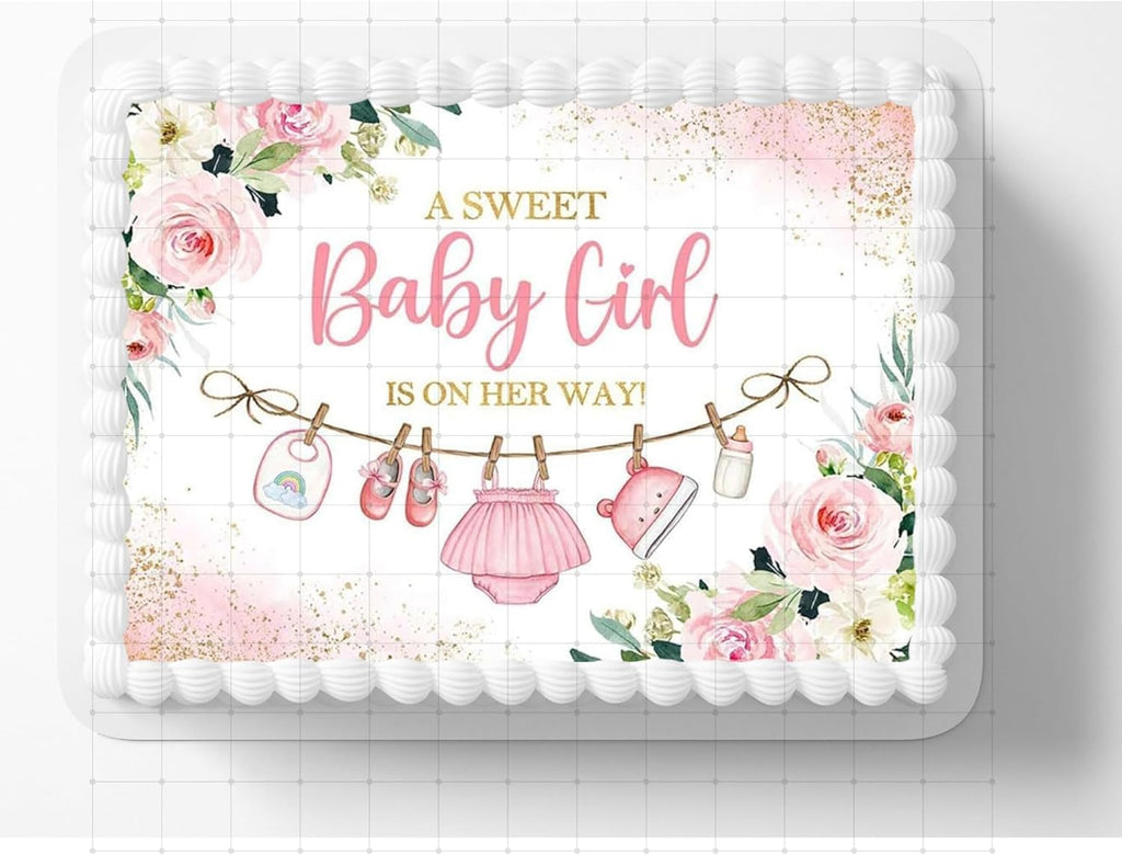 Sweet Baby Girl Pink Clothes Line Themed Edible Image, Birthday Cake Topper Frosting Sheet Icing Paper Cakes Decoration Edible Cake Sticker Decal 10" by 8"