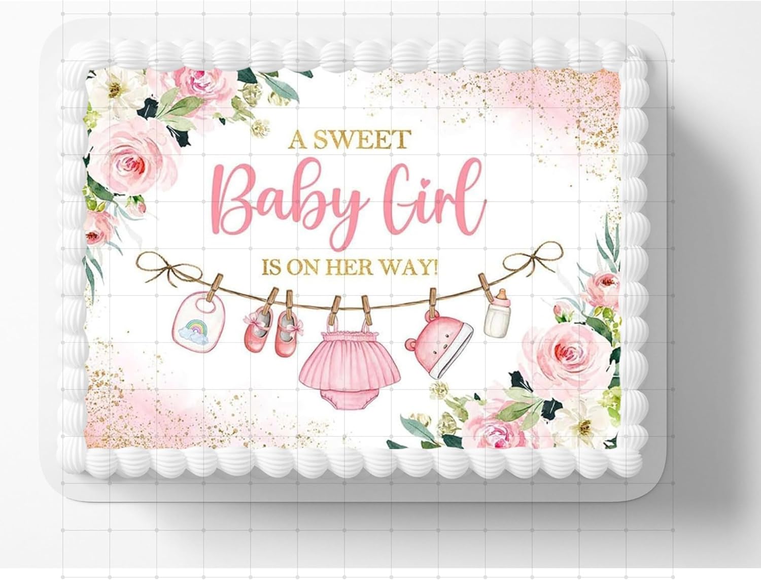 Sweet Baby Girl Pink Clothes Line Themed Edible Image, Birthday Cake Topper Frosting Sheet Icing Paper Cakes Decoration Edible Cake Sticker Decal 10" by 8"