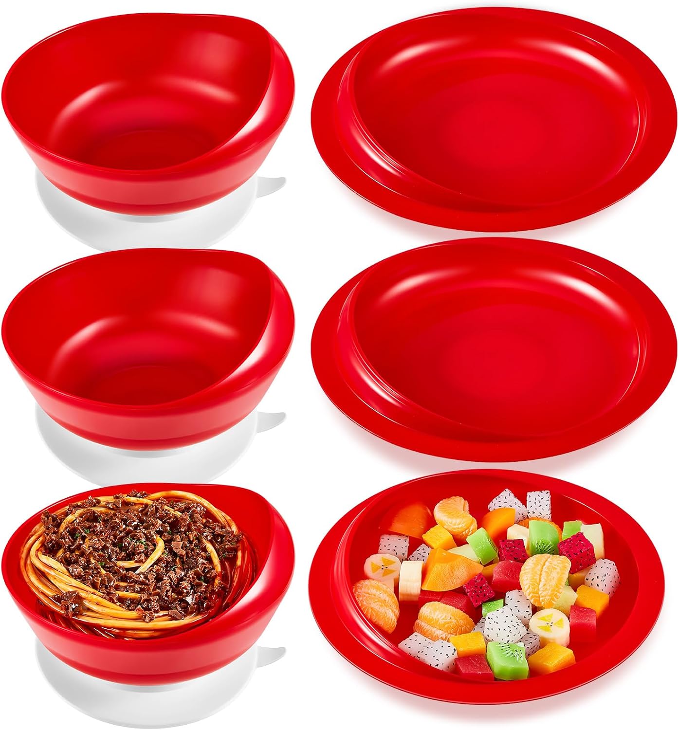 Hushee 3 Sets Adaptive Spill Proof Scoop Bowl and Plate Set with Suction Base Non Skid Self Feed Suction Dinnerware for Elderly Disabled Handicapped from Parkinsons Tremor (Red)