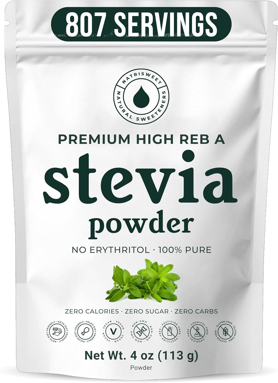 Premium Pure Stevia Extract Powder, Natural Stevia Extract Sweetener Powder for Baking and Beverages - No Aftertaste, Non-GMO, Keto Friendly, 807 Servings, 4 oz (113 g)