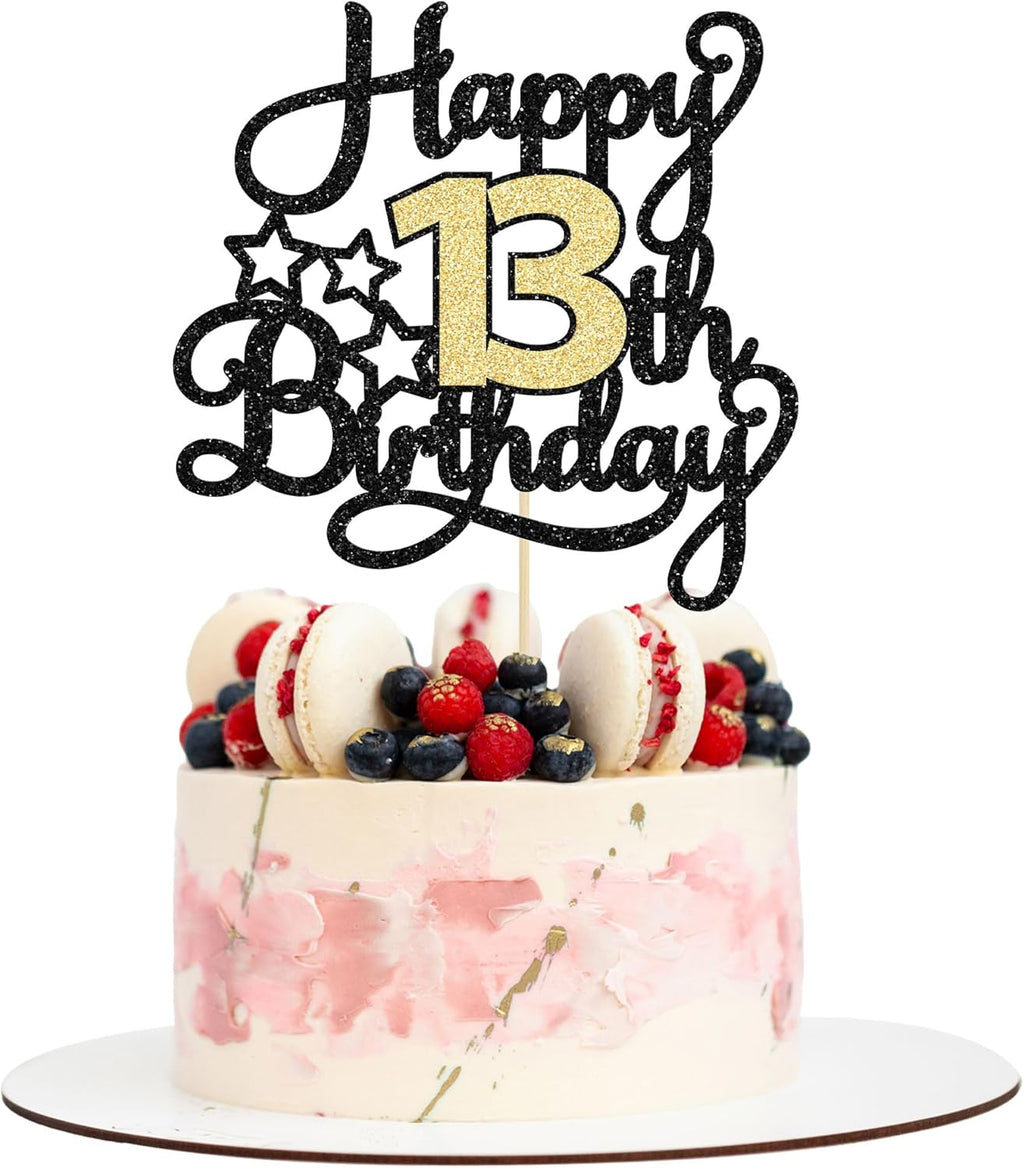 1Pc Happy 13th Birthday Cake Topper Black Gold Glitter Cheers to 13 Years Birthday Cake Pick 13 Official Teenager Cake Decoration for Happy 13th Birthday Anniversary Party Supplies