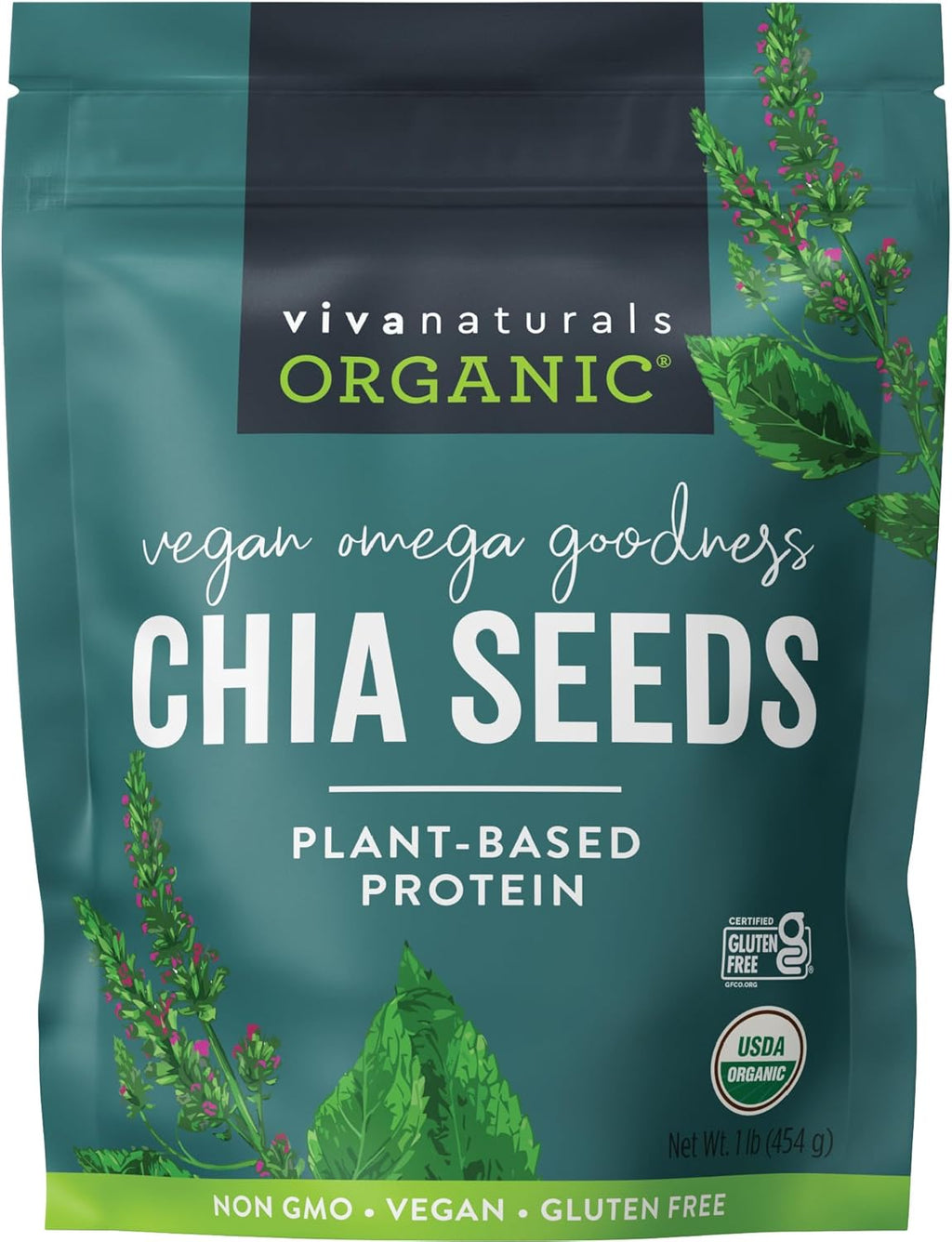 Viva Naturals Organic Chia Seeds, 1 lb, 16 Oz – Plant-Based Omega-3 and Vegan Protein, Gluten Free & Non-GMO, Perfect for Smoothies, Salads & Chia Pudding