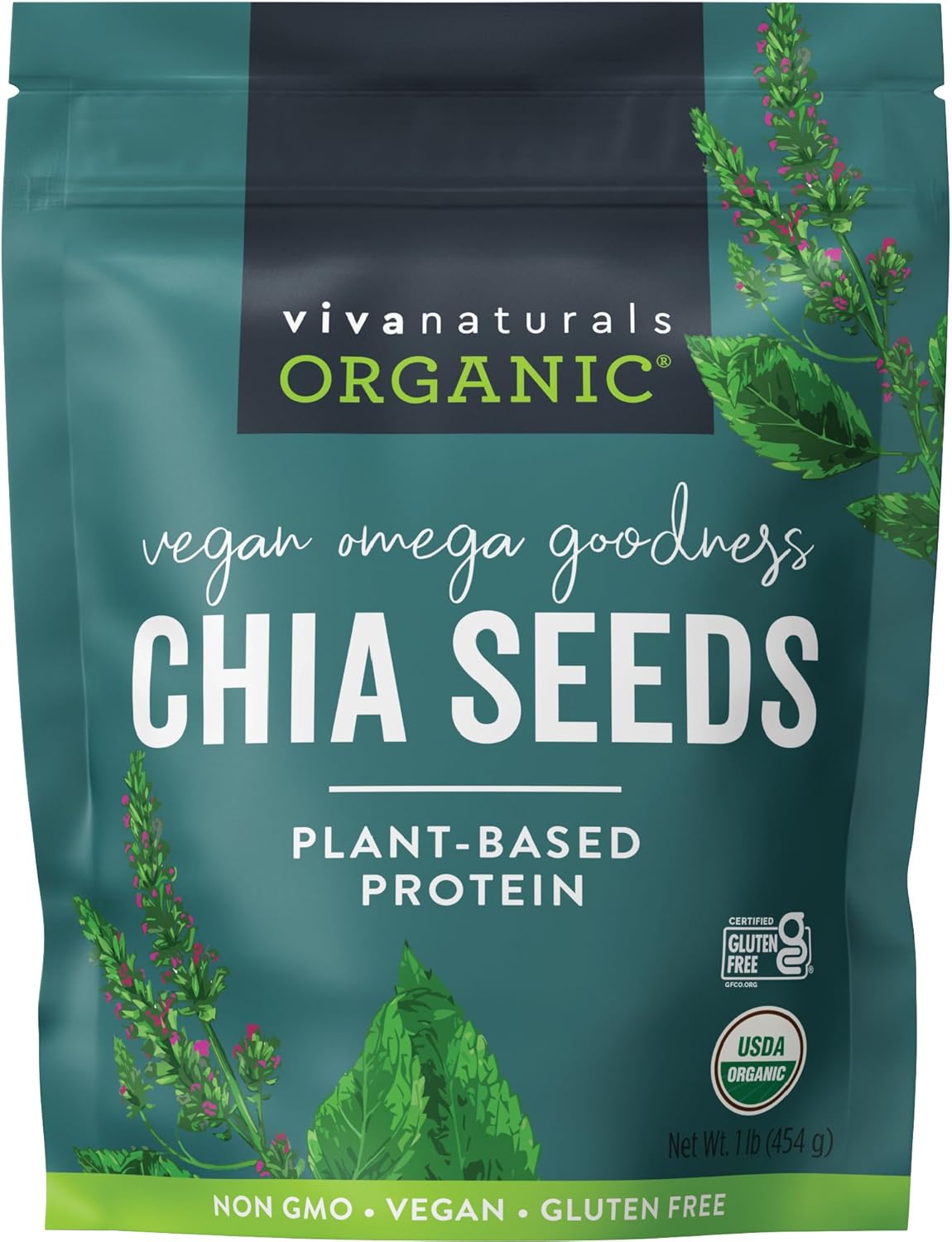 Viva Naturals Organic Chia Seeds, 1 lb, 16 Oz – Plant-Based Omega-3 and Vegan Protein, Gluten Free & Non-GMO, Perfect for Smoothies, Salads & Chia Pudding