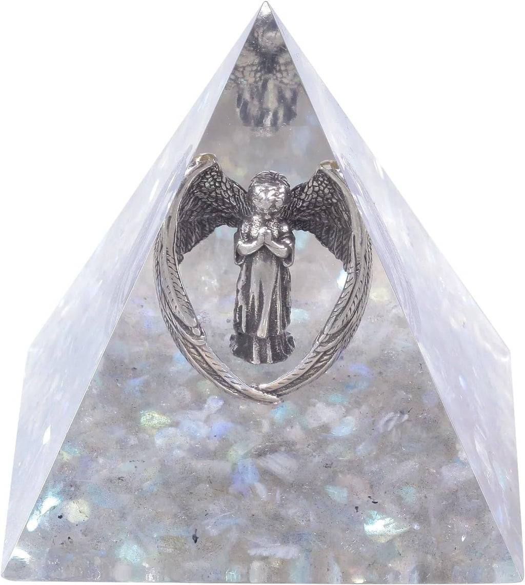 Nupuyai Natural Labradorite Crystal Pyramid for Positive Energy, Meditation Crystal Statue with Praying Angel Figurine for Healing and Home Decor