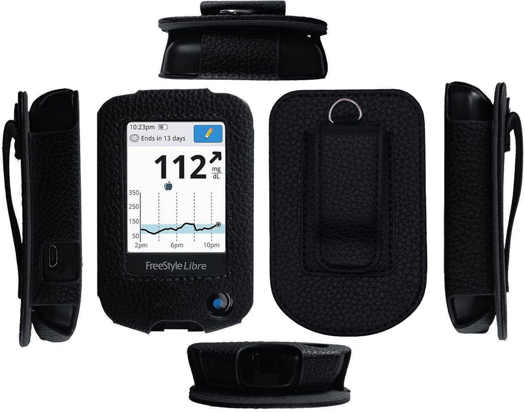 Fitted Leather Case W/Screen Protector (Includes Carabiner & Lanyard) for Freestyle Libre,Freestyle Libre 2, Freestyle Libre 14 Day,Freestyle Libre HD (Black)