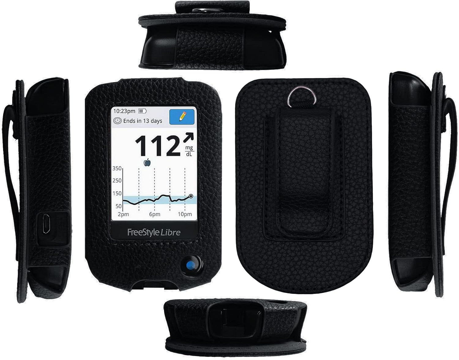 Fitted Leather Case W/Screen Protector (Includes Carabiner & Lanyard) for Freestyle Libre,Freestyle Libre 2, Freestyle Libre 14 Day,Freestyle Libre HD (Black)