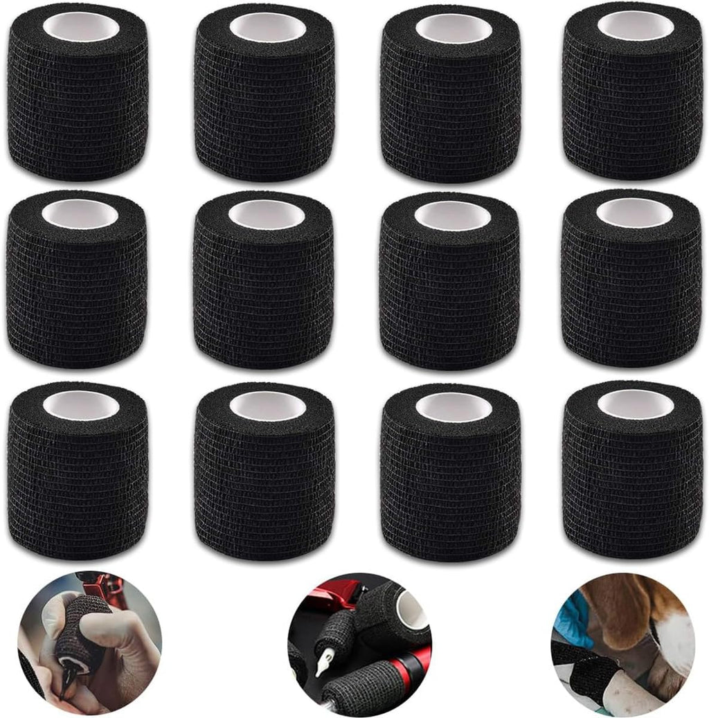 Arcimatto Tattoo Machine Tape, 12 Pcs Self-Adhesive Bandage 2" x 5 Yards Grip Wrap Cover Breathable Cohesive Elastic Bandage Rolls for Machine Tube Accessories, Sports Tape (12Pcs Black)