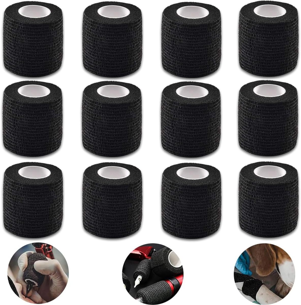 Arcimatto Tattoo Machine Tape, 12 Pcs Self-Adhesive Bandage 2" x 5 Yards Grip Wrap Cover Breathable Cohesive Elastic Bandage Rolls for Machine Tube Accessories, Sports Tape (12Pcs Black)