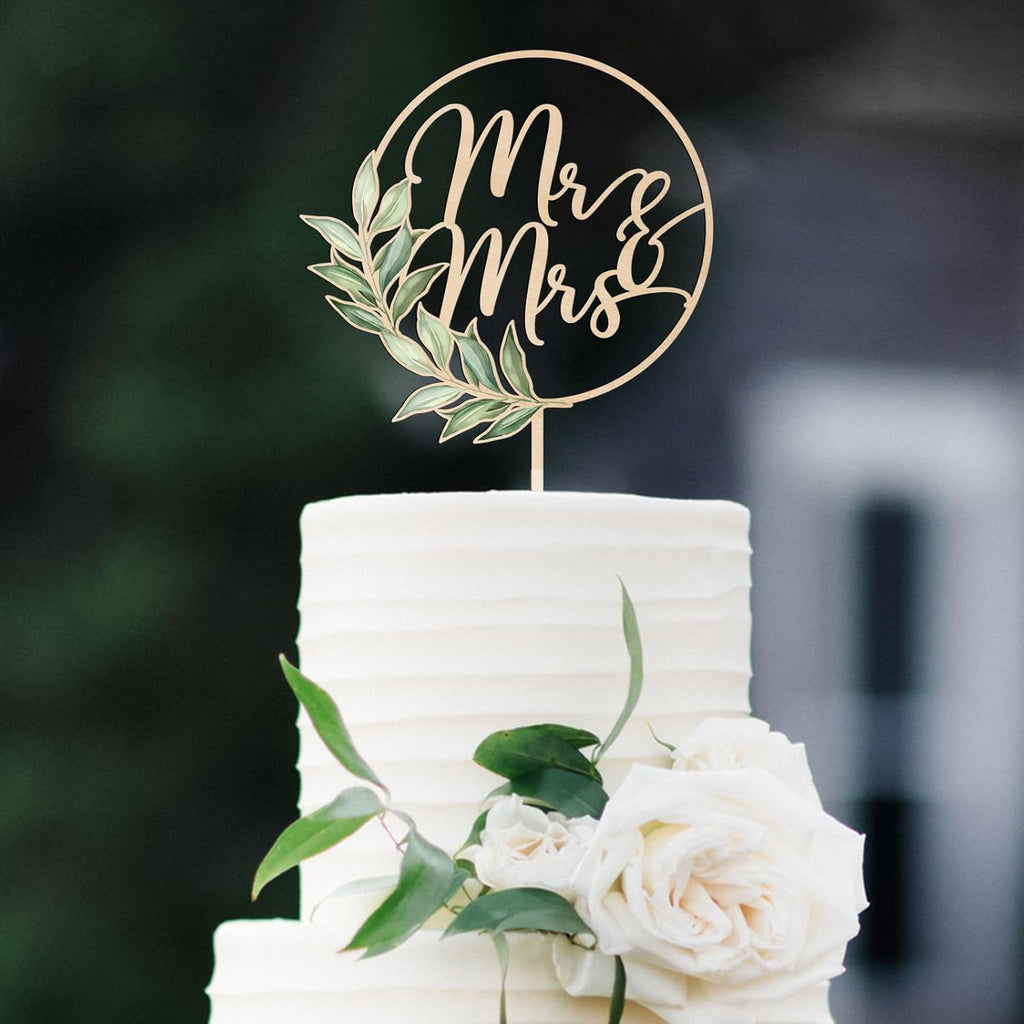Mr & Mrs Cake Topper Greeny Wedding Cake Topper in Wood (Design 02)