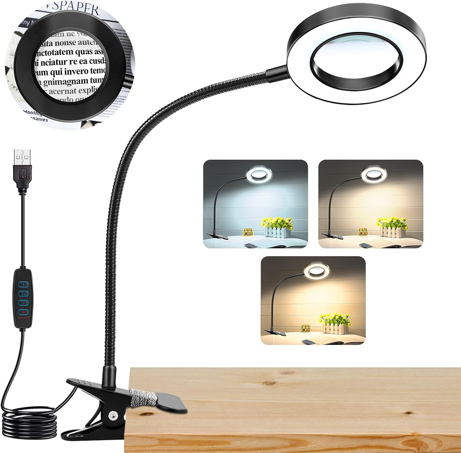10X Magnifying Glass with Light, Clip on Mganifier with Light, 48 LED Desk Magnifying Glass wtih Clamp, 3 Modes Dimmable Magnifying LED Lamps for Bed Work Crafts DIY Repair