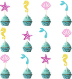 Mermaid Cupcake Toppers - 12 Pcs Ocean Theme Cake Decorations for Girls Birthday Party Supplies - Glitter Under the Sea Party Favors & Cake Inserts - Pre-assembled Cupcake Decor