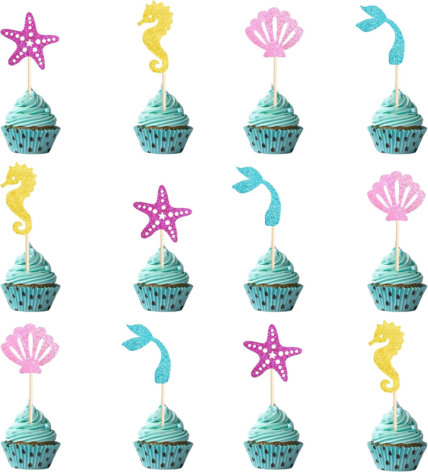 Mermaid Cupcake Toppers - 12 Pcs Ocean Theme Cake Decorations for Girls Birthday Party Supplies - Glitter Under the Sea Party Favors & Cake Inserts - Pre-assembled Cupcake Decor