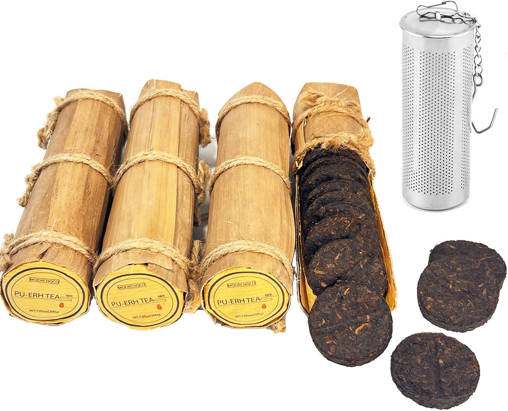 (60Cakes-240Cups) Pu-erh Tea in Bamboo Leaf Tube - Ripe Puerh Tea Cake 21.16 oz/600g And a tea filter，Aged Shou Black Tea