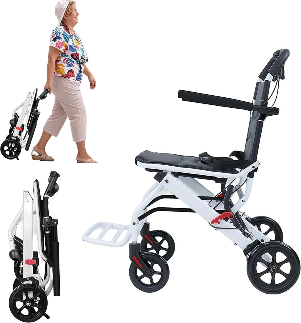 Lightweight Folding Wheelchair for Adults & Seniors, 18lbs Ultra Light Portable Transport Chair with Brake & Safety Strap, Carbon Steel Frame, Easy Push PU Wheels for Travel (White)