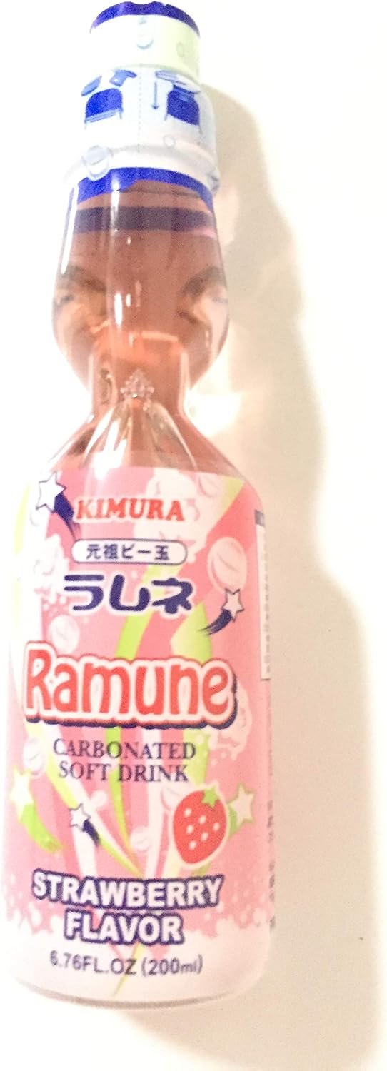 Kimura Ramune Carbonated Soft Drink Strawberry Flavor 5 PACK (6.76 fl oz each)