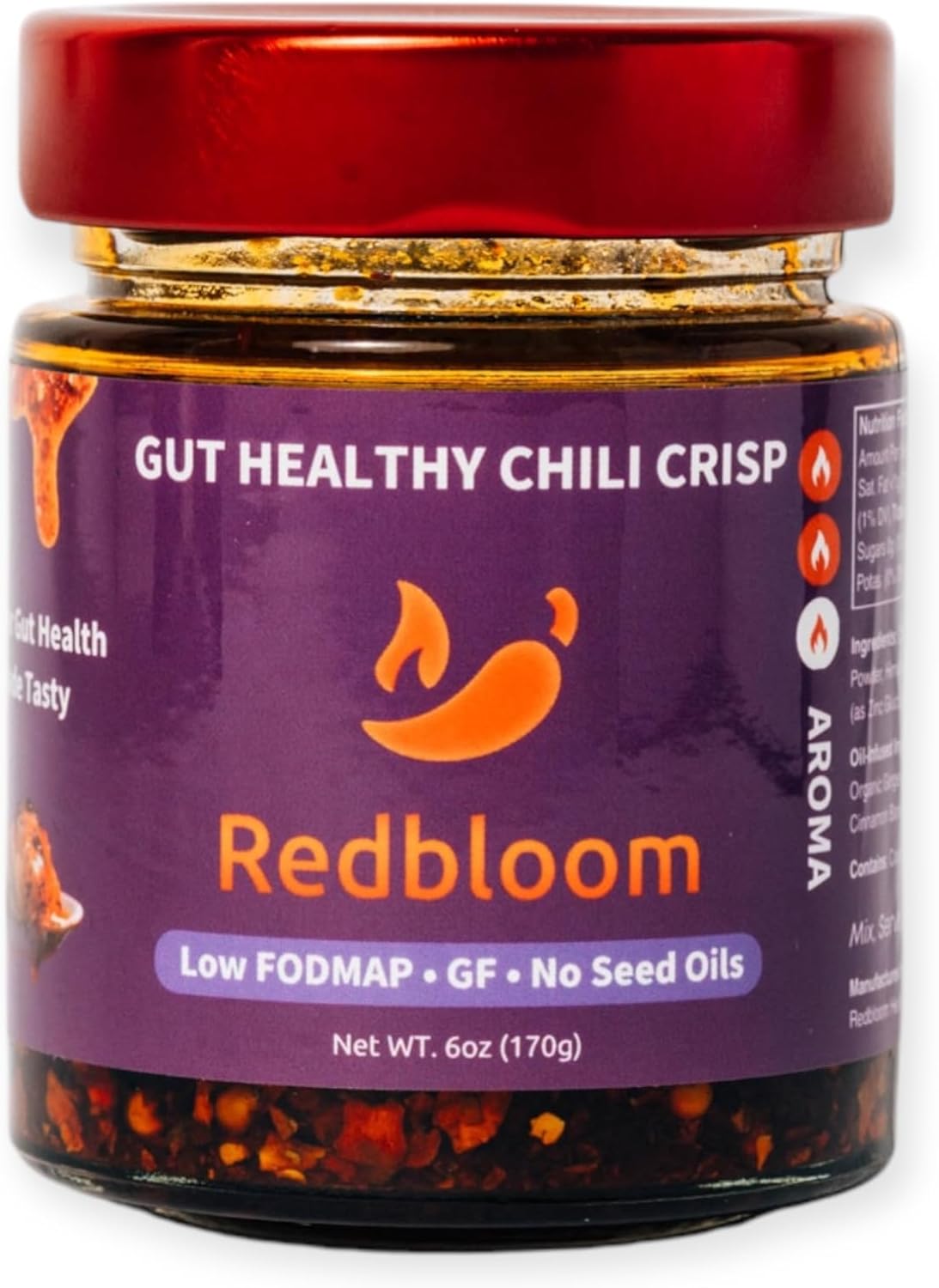 Redbloom Gut-Healthy Chili Crisp - Organic Chili Oil, No Seed Oils, Low-Fodmap, Vegan, Crunchy Hot Sauce, Good on Everything, 6oz (Pack of 1) - Medium Aroma