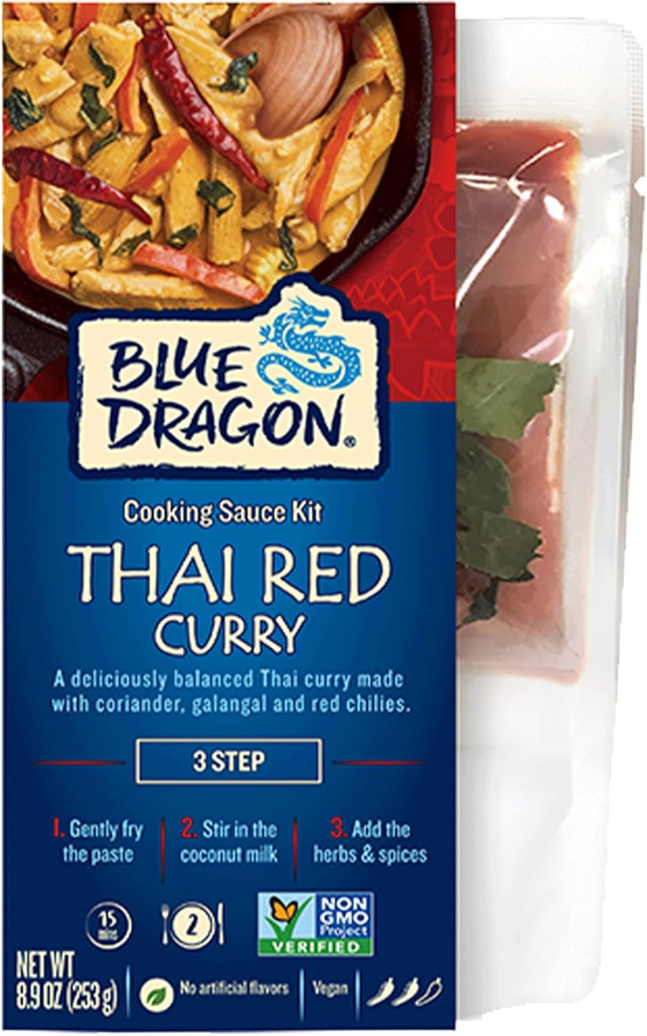 Blue Dragon 3 Step Thai Red Curry Kit - 8.9 oz (Pack of 1) - Pre-Portioned Sachets of Authentic Thai Red Curry Paste, Coconut Milk, & Aromatic Herbs- Gluten Free, Vegan, Non-GMO, No Artificial Flavors