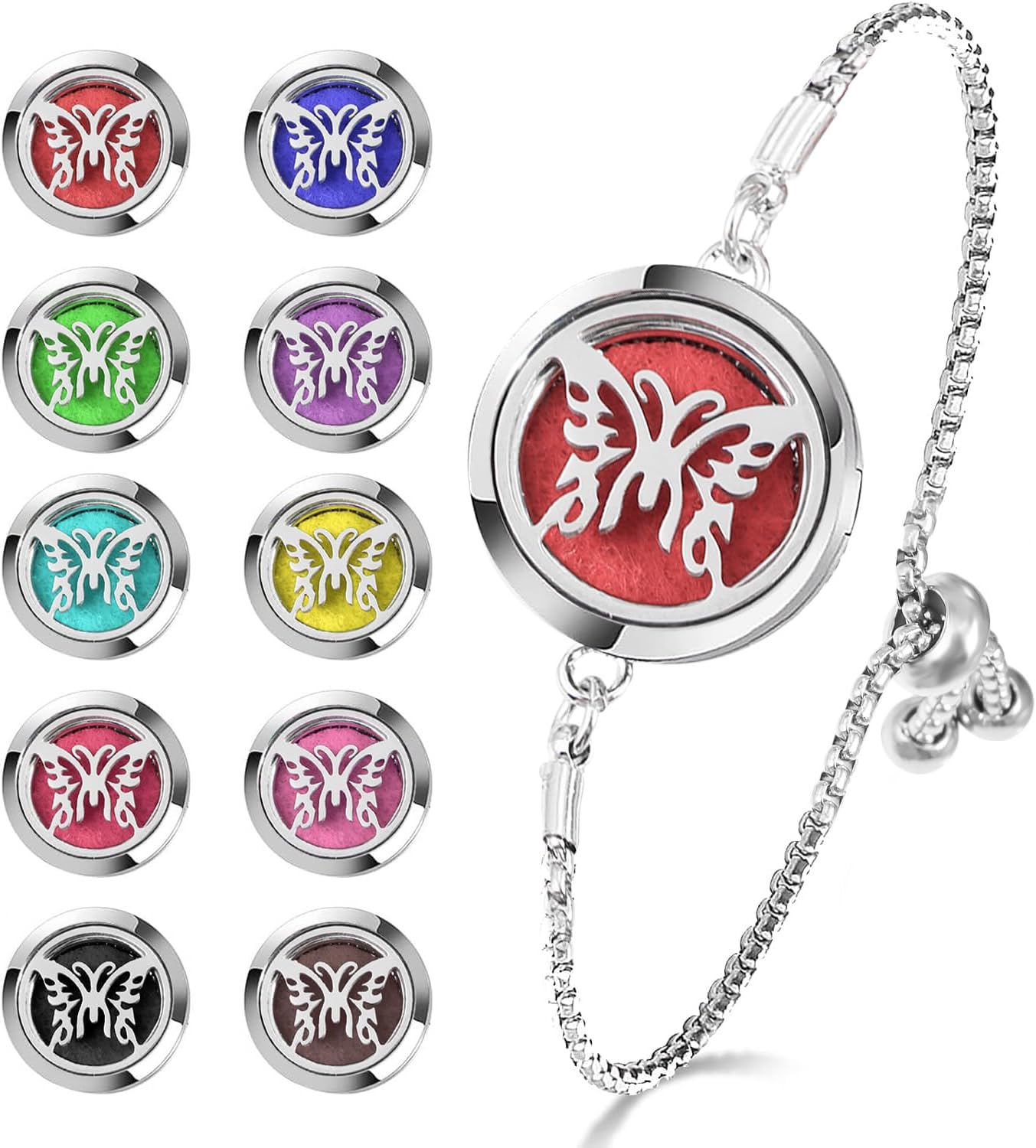 Essential Oil Diffuser Bracelet Aromatherapy Locket Adjustable Stainless Steel Butterfly Bracelet with 10 Pcs Refill Pads for Women Girls