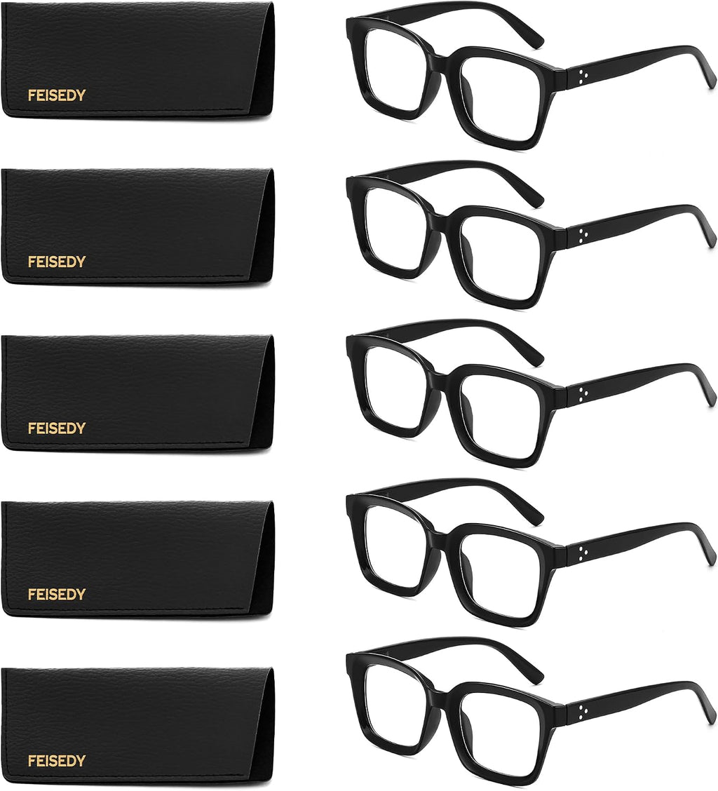 FEISEDY 5 Pack Retro Square Reading Glasses for Woman Men Classic Reader B0298