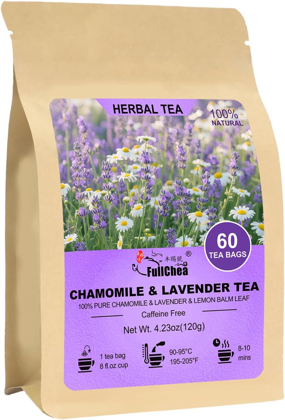FullChea - Chamomile Lavender Tea Bags for Relaxation & Better Sleep - 60 Count - Caffeine-Free Blend Herbal Tea - Premium Chamomile & Lavender Flowers