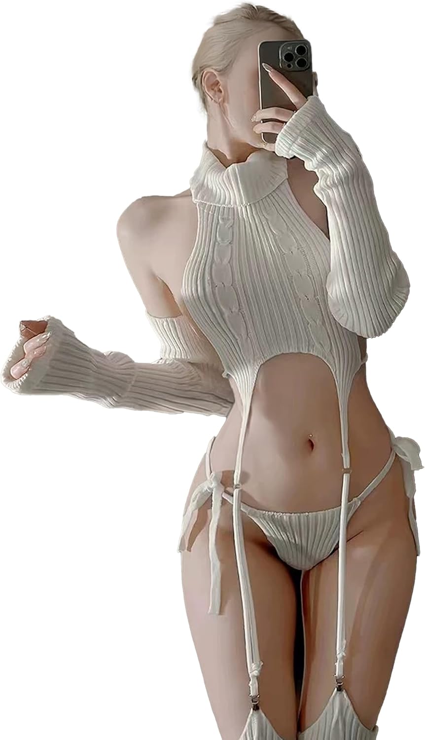 paloli Women's White Knit Sweater Lingerie Set Halter Crop Top with Garter Design, Sexy Cosplay Outfit