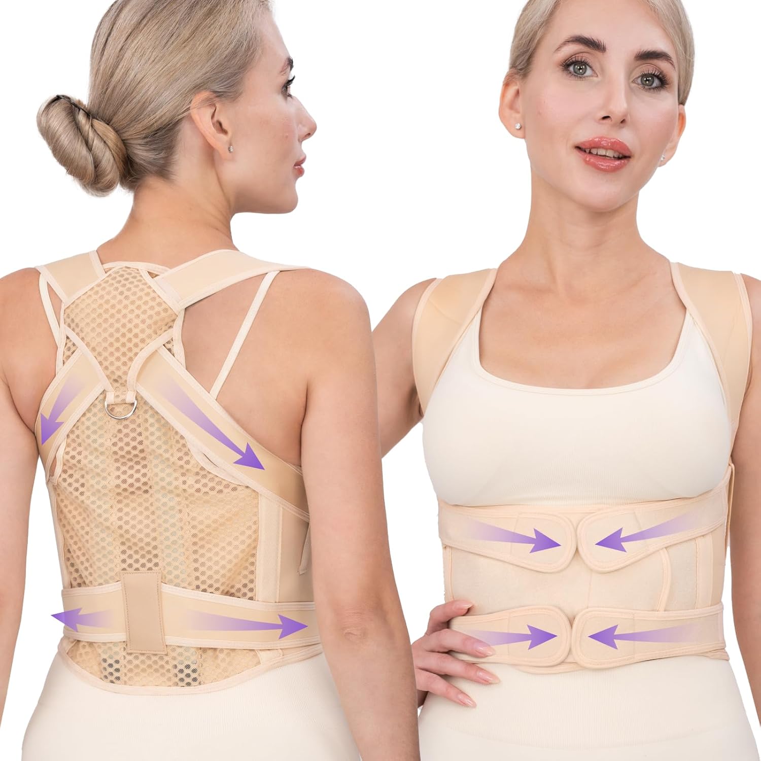Back Brace Posture Corrector for Women & Men, Adjustable Full Back Support, Shoulder Straightener for Upper & Lower Back Pain Relief-Scoliosis, Hunchback, Waist Trainer (Medium, Beige)