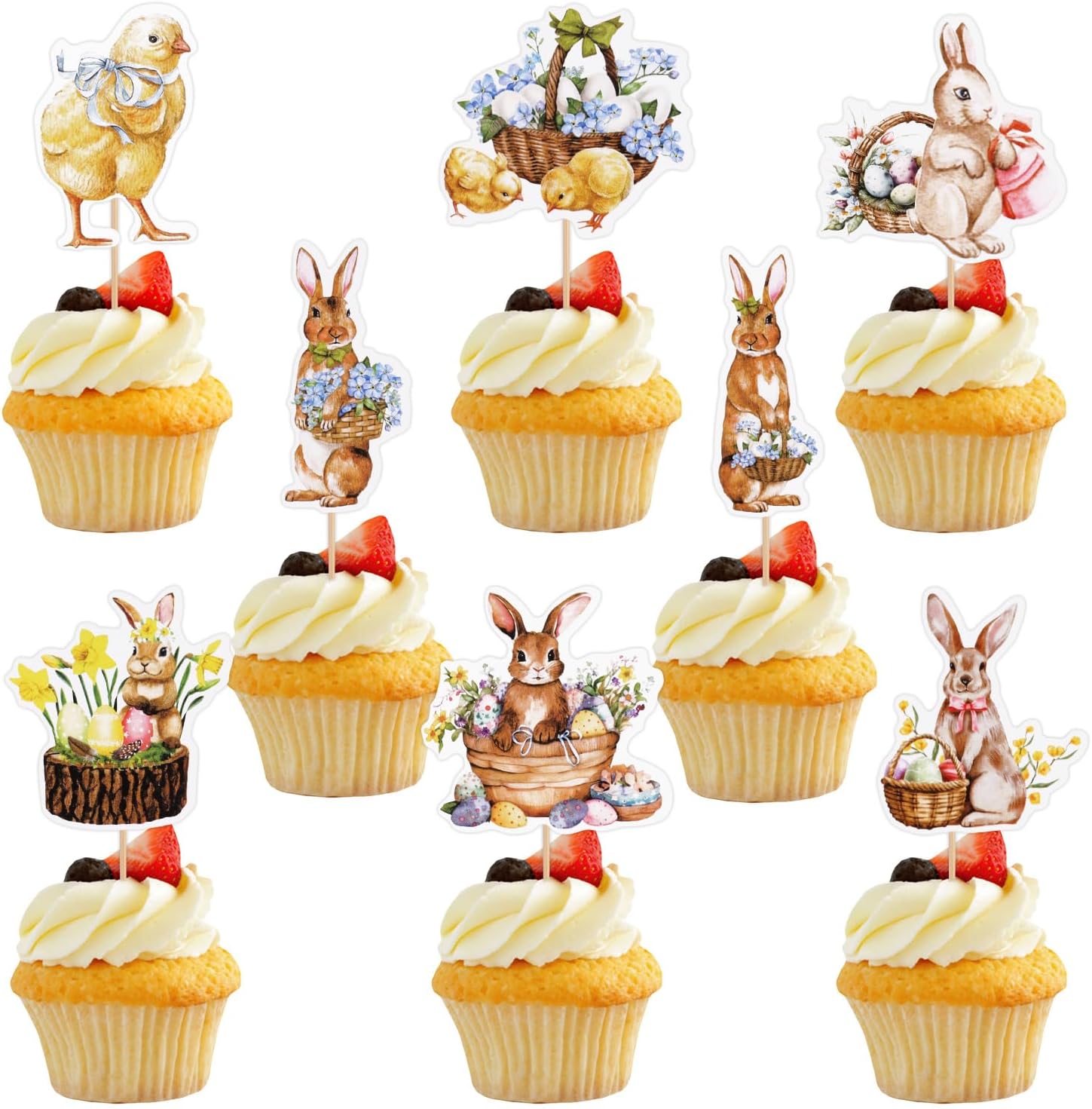 LOMIMOS 48Pcs Easter Cupcake Topper with Sticks Glue Point，Watercolor Floral Easter Bunny Cupcake Topper Happy Easter Food Picks for Easter Spring Party Supplies Baby Party Essentials