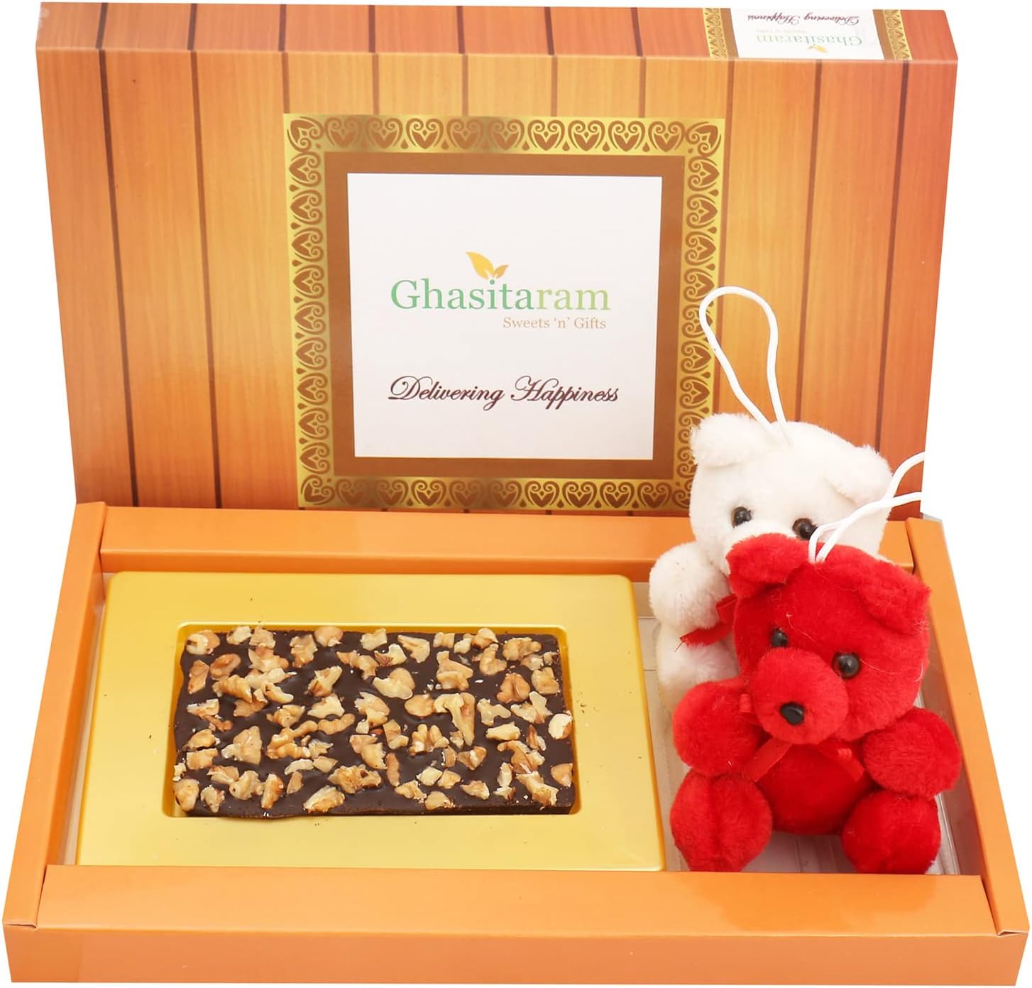 Ghasitaram Gifts Valentines Gift Valentines Day Chocolates for Girlfriend/Boyfriend/Husband and Wife Valentines Chocolate Hamper Walnut Chocolate Bark Small with Teddies