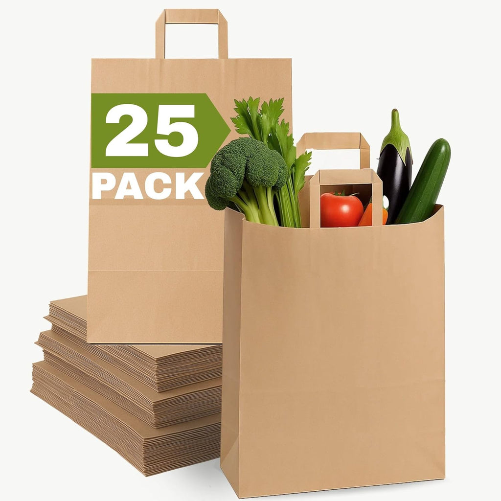 Qutuus Large Brown Paper Bags with Handles - 12x7x17 inches 25pcs Brown Paper Grocery Bags with Handles Bulk, Large Reusable Shopping Bag for recycling, trash, togo, retail.