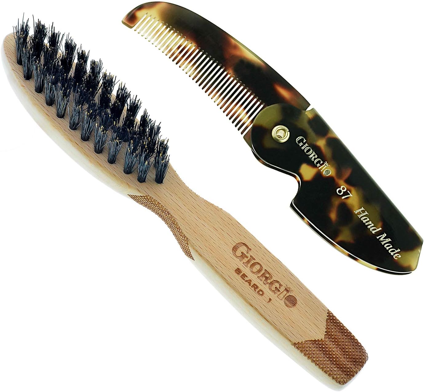 Giorgio G87 Gentleman's Tokyo Folding Pocket Comb, Flexible Men's Hair, Beard and Mustache Pocket Comb. Hand-Made of quality Durable Cellulose Acetate + GBRD1 6 Inch Beard and Mustache Brush