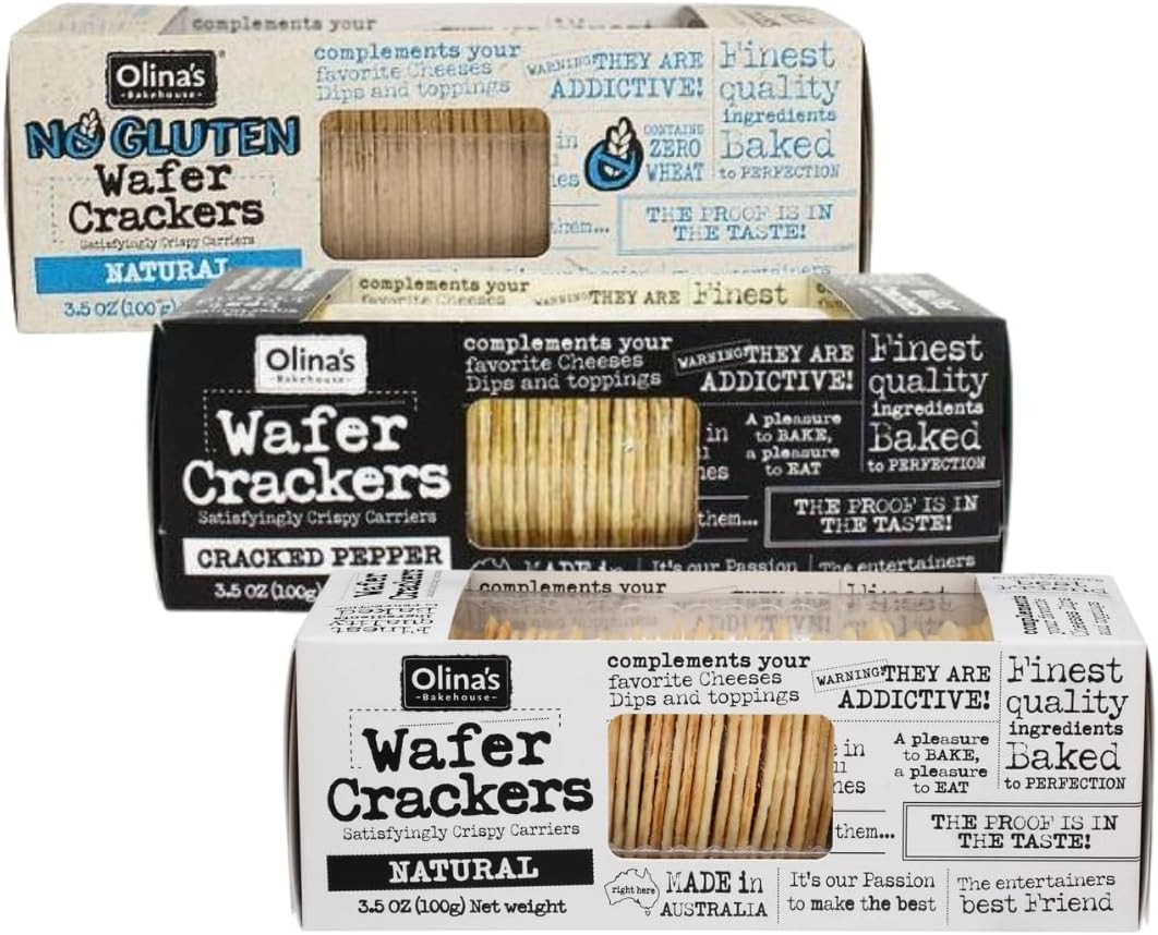 Olina's Bakehouse Wafer Crackers, Assorted - Natural, Gluten Free Natural, Black Pepper, 3-Pack