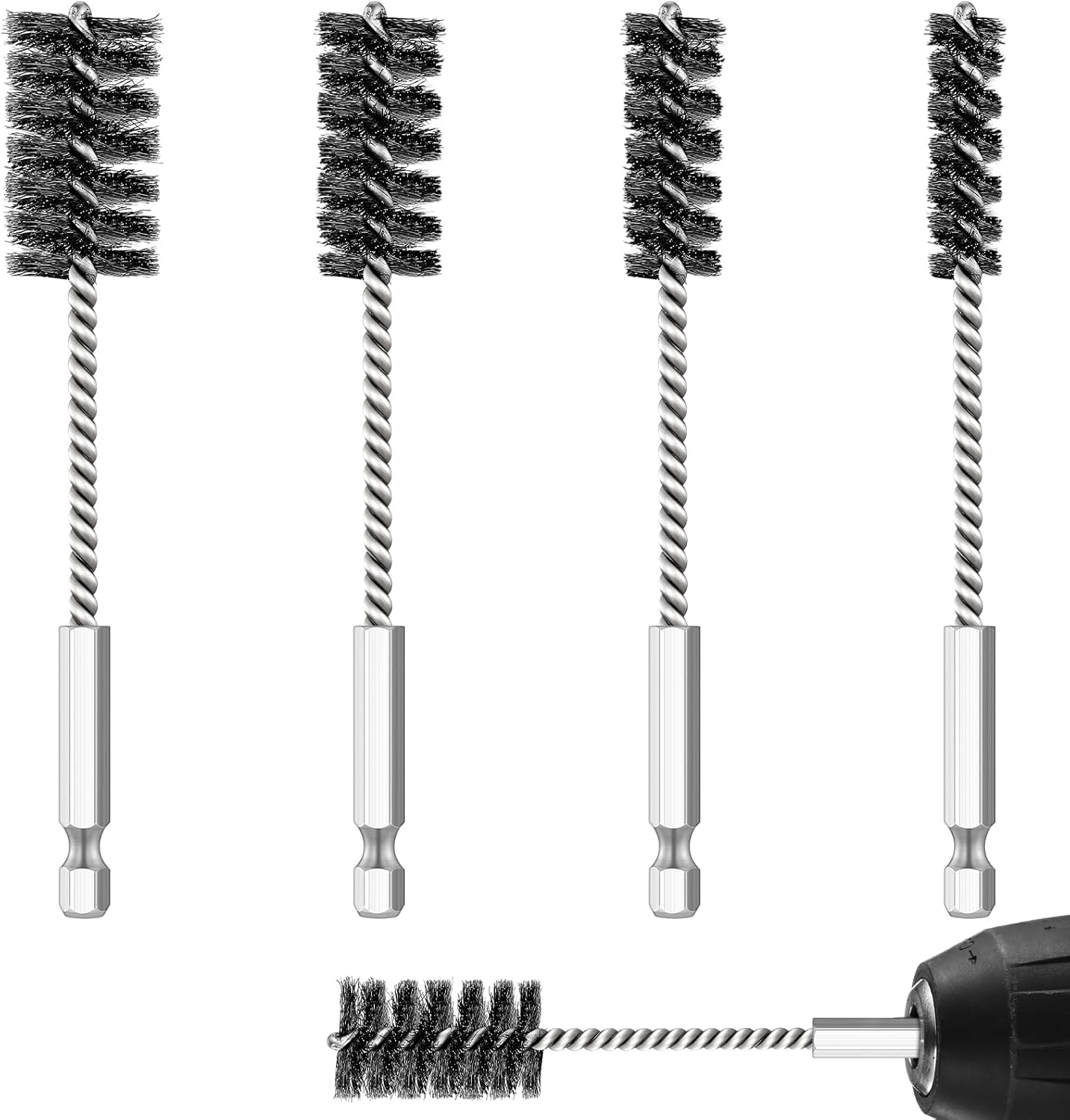 Hicarer 4 Pcs Stainless Steel Wire Brush for Drill Bore Brush Set with Hex Shank Handle Wire Brushes for Drill Ports Tubes Bearings Cleaning Parts Attachments and More, 3/8'', 1/2'', 3/4'', 7/8''