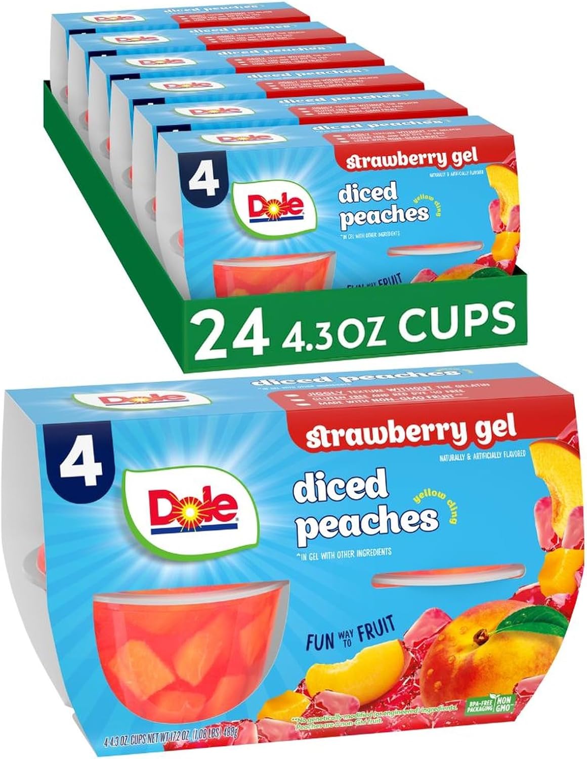 Dole Fruit Bowls Peaches in Strawberry Flavored Gel Snacks, 4.3oz 24 Total Cups, Gluten & Dairy Free, Bulk Lunch Snacks for Kids & Adults