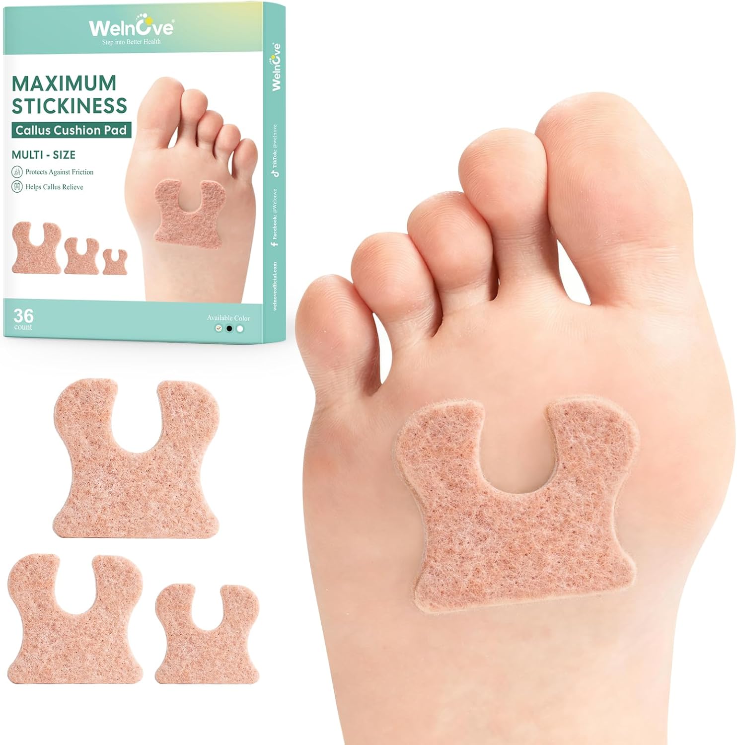 Welnove U-Shaped Felt Callus Pads, 36-Pc Pack – Self-Adhesive Cushions to Prevent Rubbing & Relieve Pain