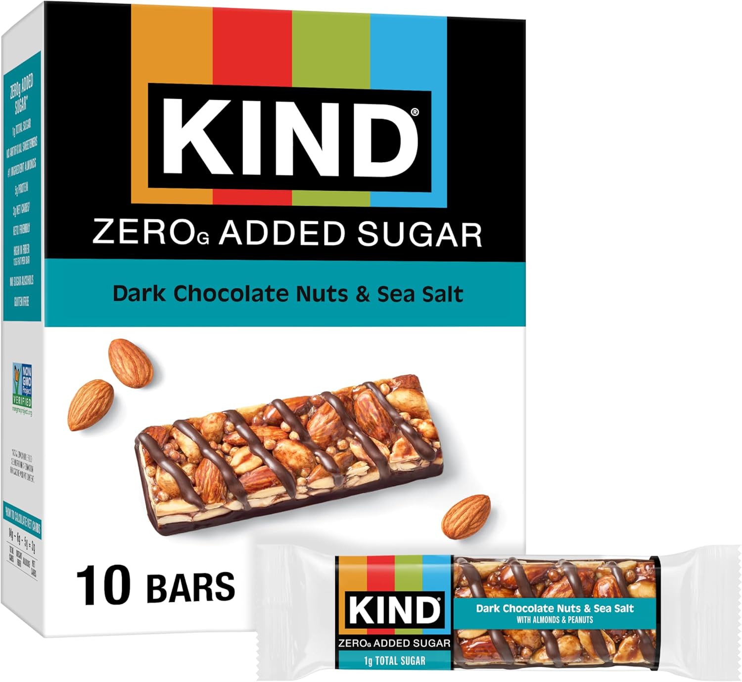 Kind Zero Added Sugar Healthy Snacks Bars, Dark Chocolate Nuts & Sea Salt, Gluten Free, High Fiber, Keto Snacks, 5g Protein, 10 Count