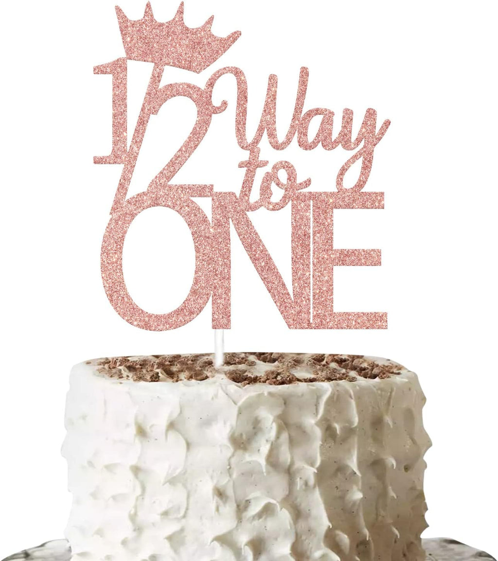 1/2 Way to One Cake Topper - Happy 6 Months Cake Topper - Happy 1/2 Birthday Baby Shower Decoration Rose Gold Glitter