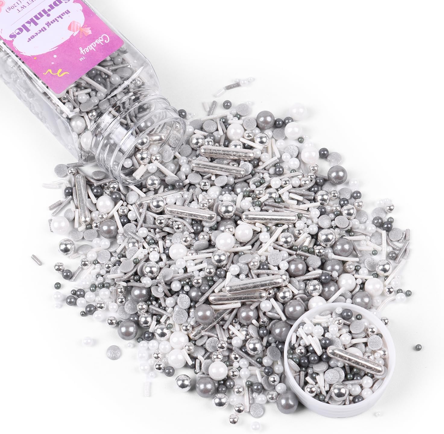 Gray & Sliver Sprinkles for Cake Decorating 4.23ounce - Sugar Mix Contains Metallic & Pearl Sprinkles for Cupcake Toppers, Ice Cream, Candy, Cookie Decorations - Holiday Party Supplies