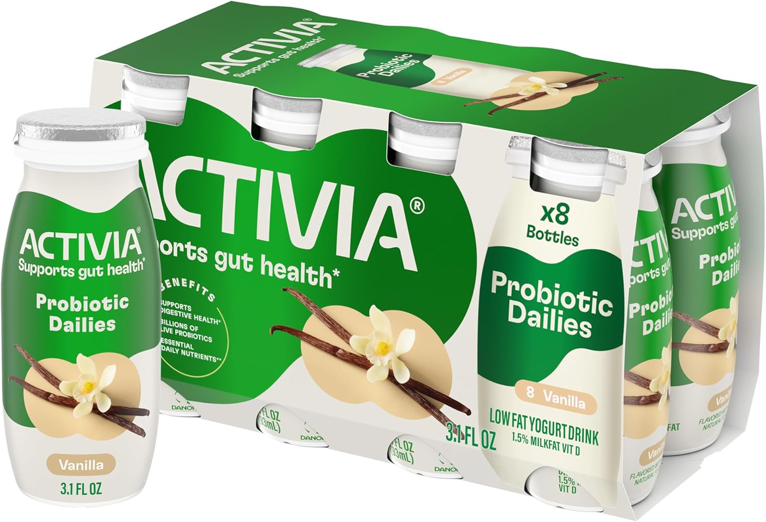 Activia Probiotic Dailies Vanilla Low Fat Yogurt Drinks, Delicious Daily Probiotic Yogurt Drinks to Help Support Gut Health, 3.1 fl oz, 8 Count